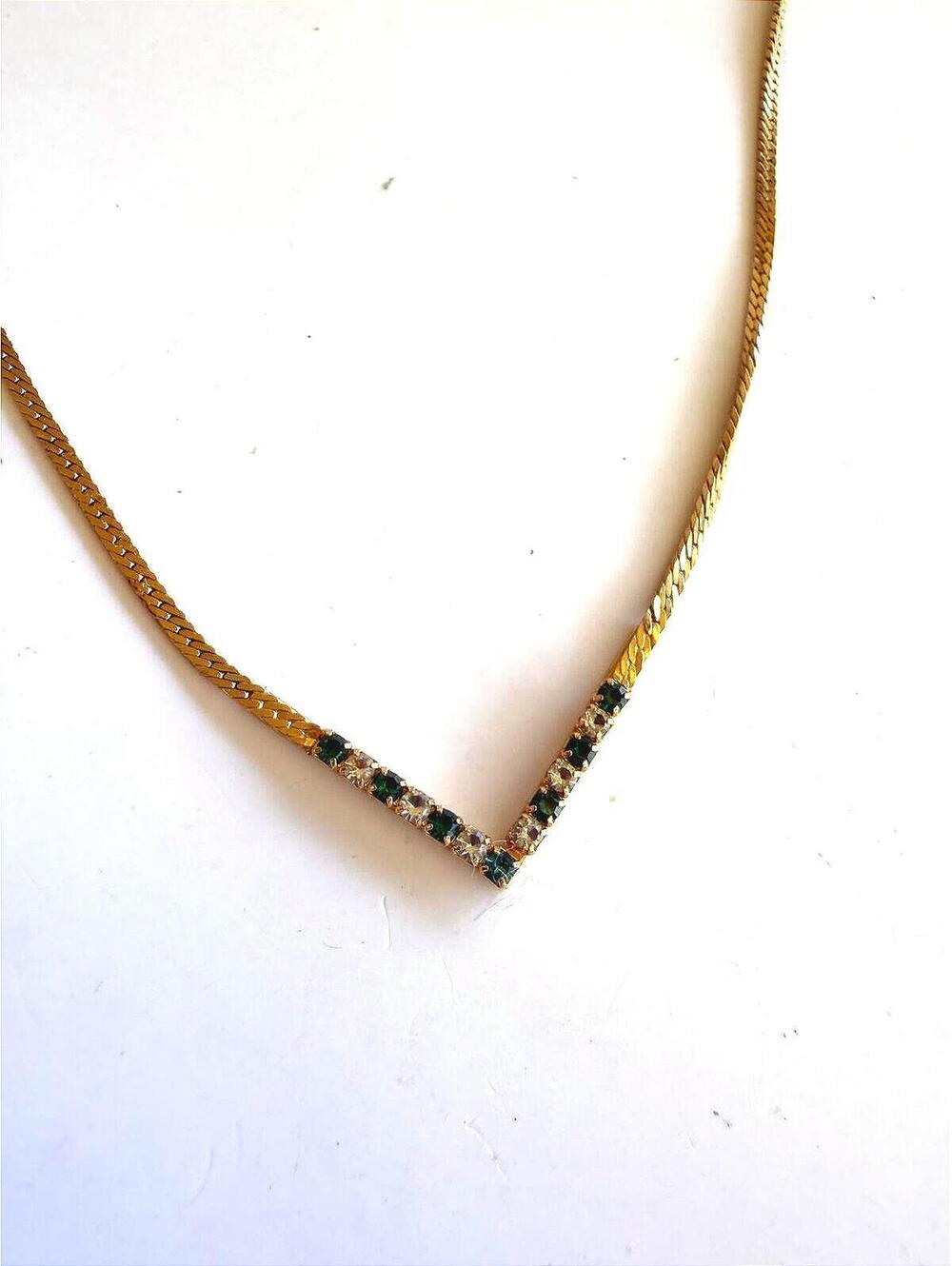 Avon Elegant Gold Tone V-Shaped Necklace with Green and Clear Stones 16"